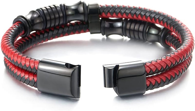 COOLSTEELANDBEYOND Mens Double-Row Braided Leather Bracelet Bangle Wristband with Black Stainless Steel Ornaments - Image 3